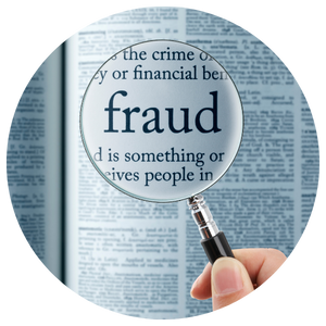 person holding a magnifying glass looking at the word fraud in book