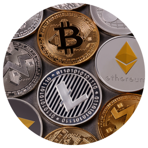 cryptocurrency coins together end to end 