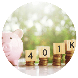 piggy bank with stacks of coins and 401k bocks