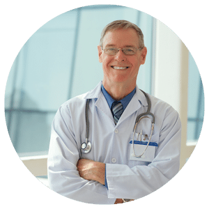 physician standing in lab coat with stethoscope