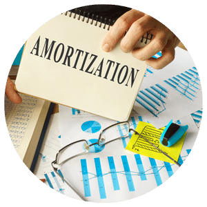 person holding a pad of paper with amortization written on it