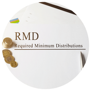 paper with required minimum distribution typed on it with coins on top of the paper