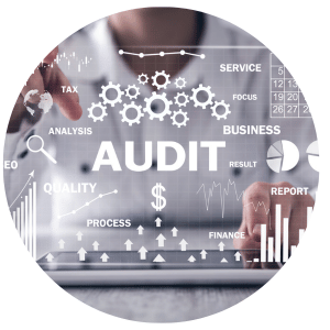 person at a computer with floating text around them
